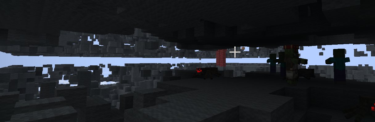 Cueva oscura con mobs hostiles esperando en las sombras
